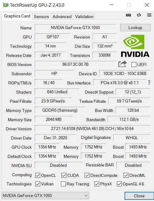 checking a used graphics card with GPUZ for temperature monitoring 