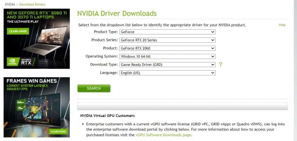 Nvidia drivers download page and how to search for your GPU driver